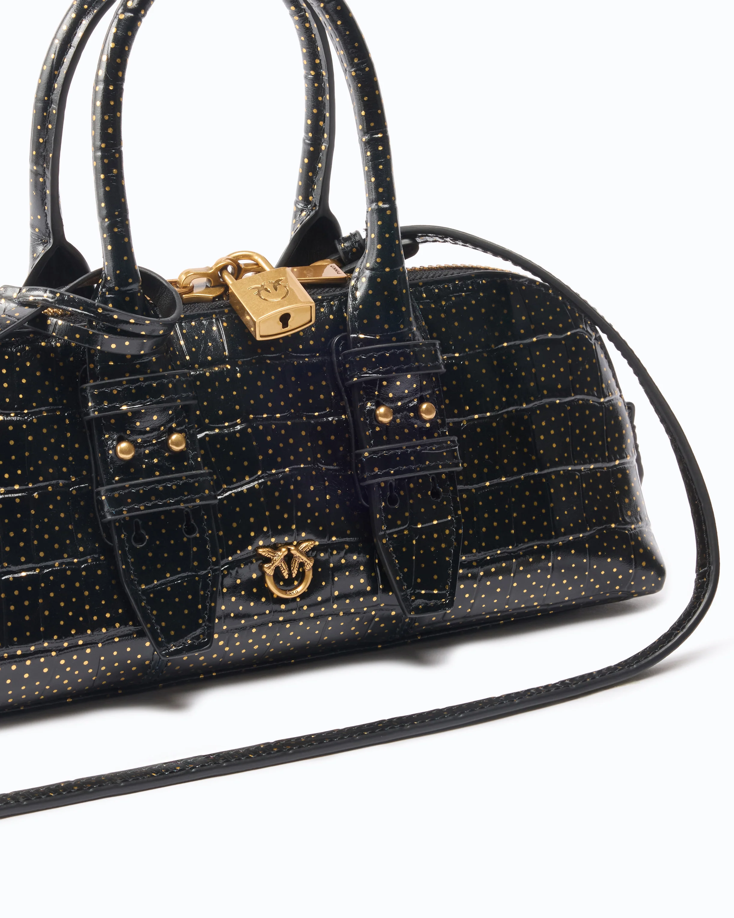 Medium crocodile-print leather bag with gold polka dots - Image 3