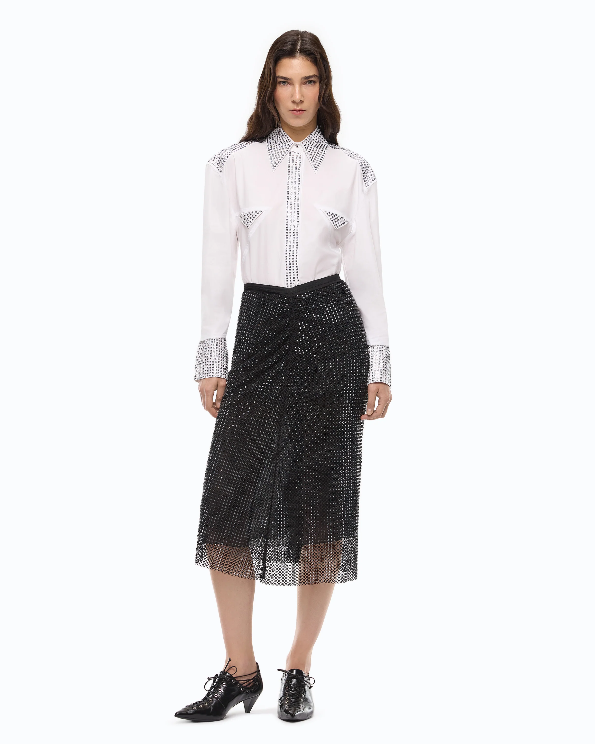 Mesh-effect calf-length skirt with rhinestones