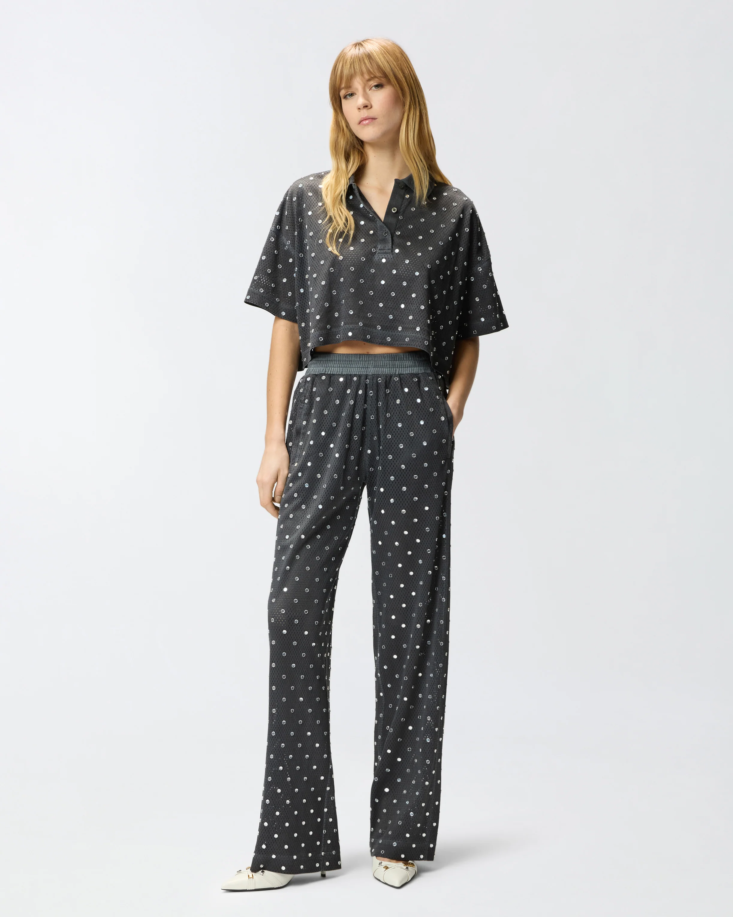 Mesh trousers with mirror detail