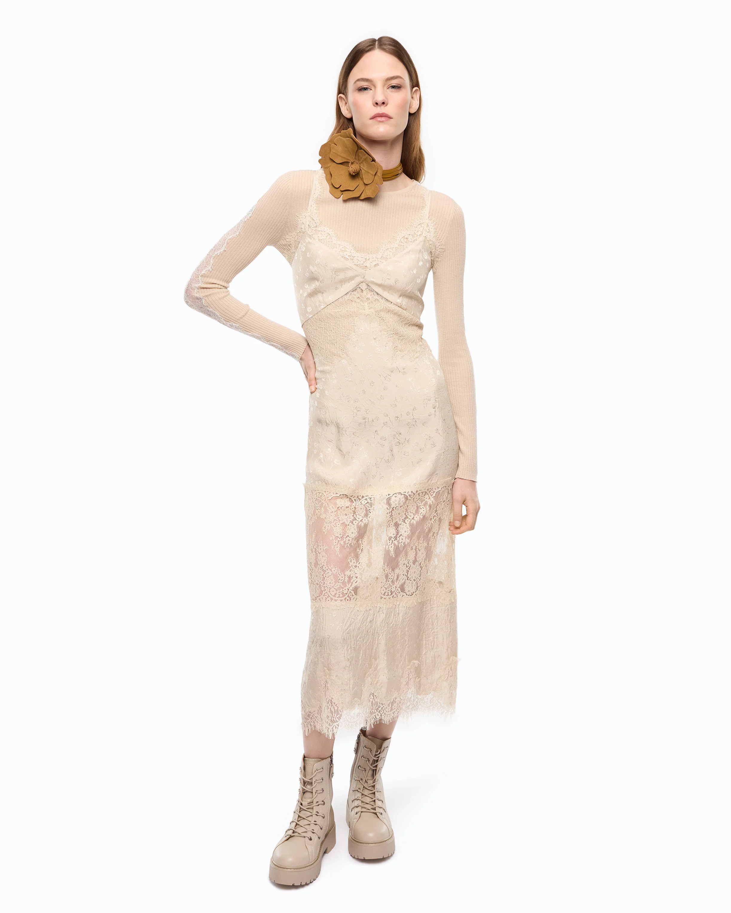 Midi slip dress with lace bands