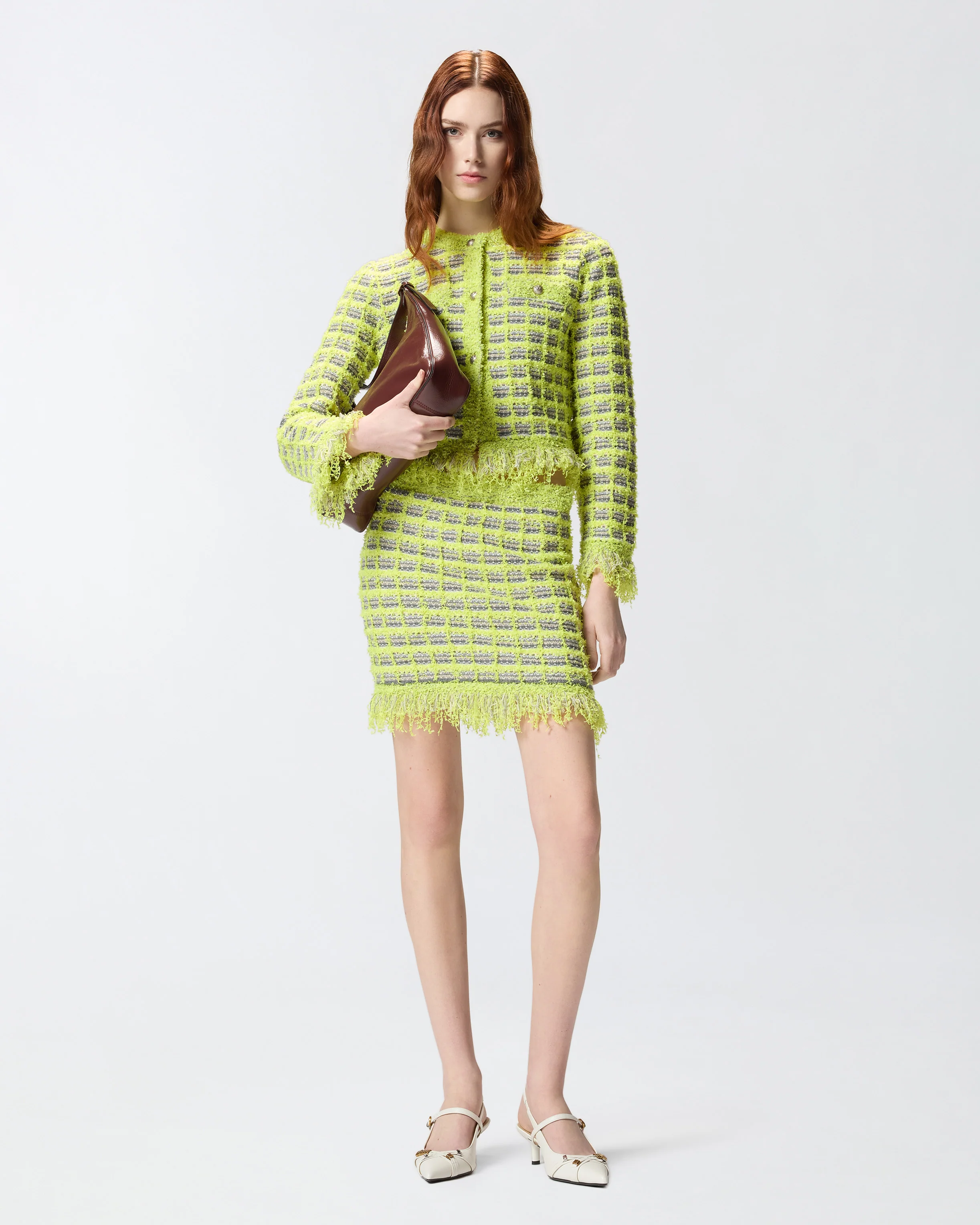 Mini skirt in basketweave and frayed knit