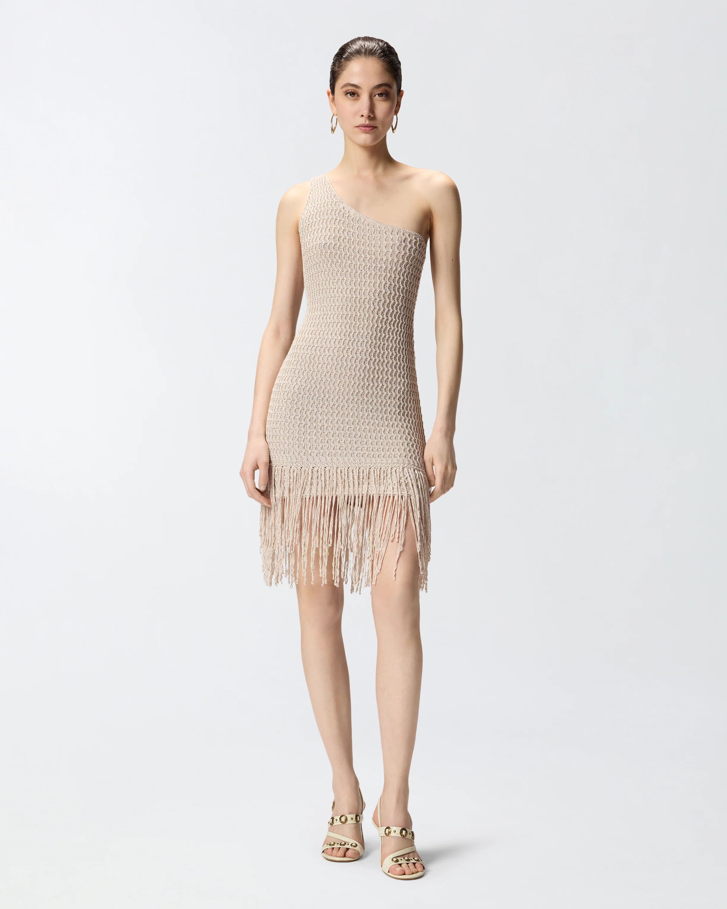 One-shoulder mini dress with fringing