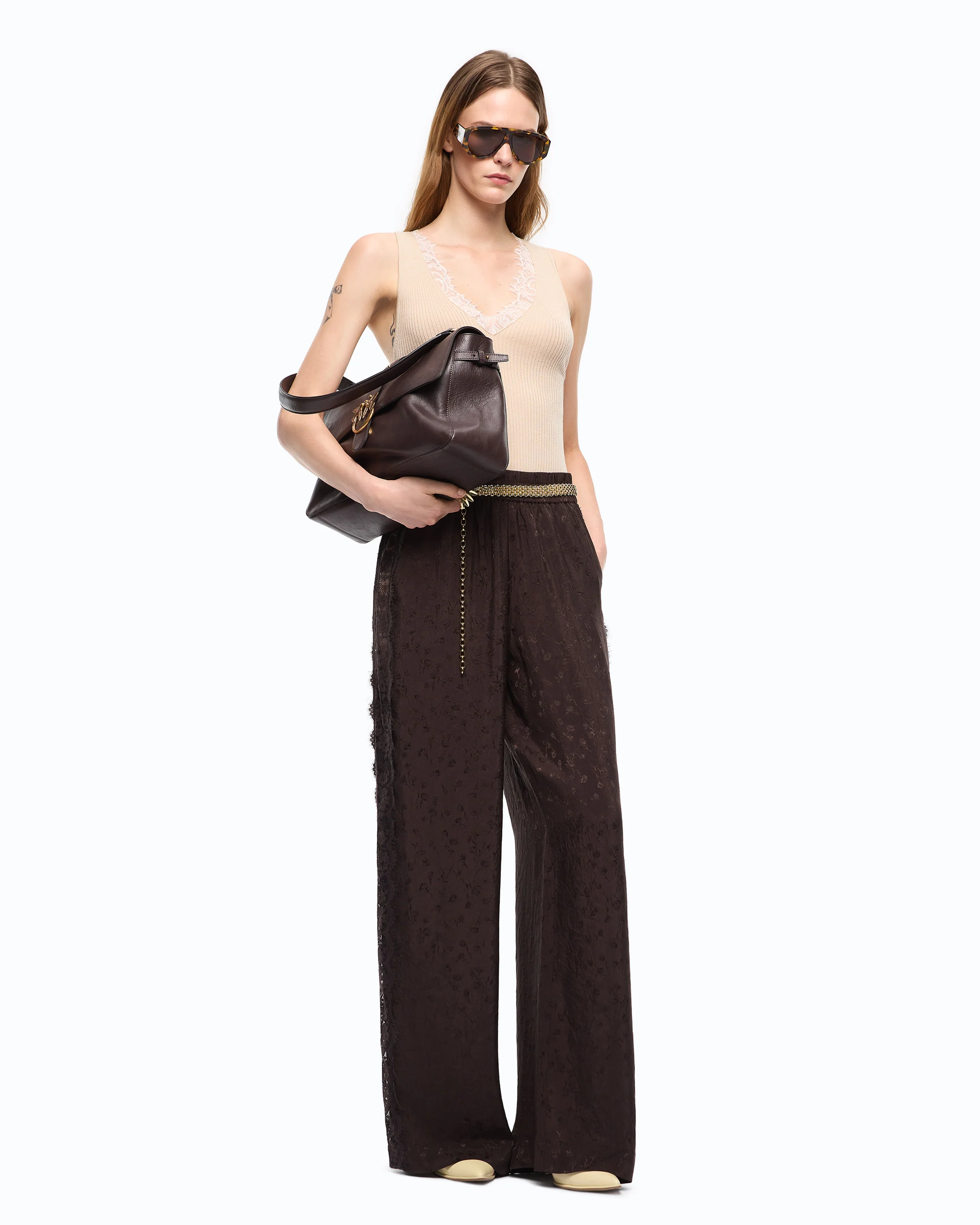 Palazzo trousers with floral motif and lace trim