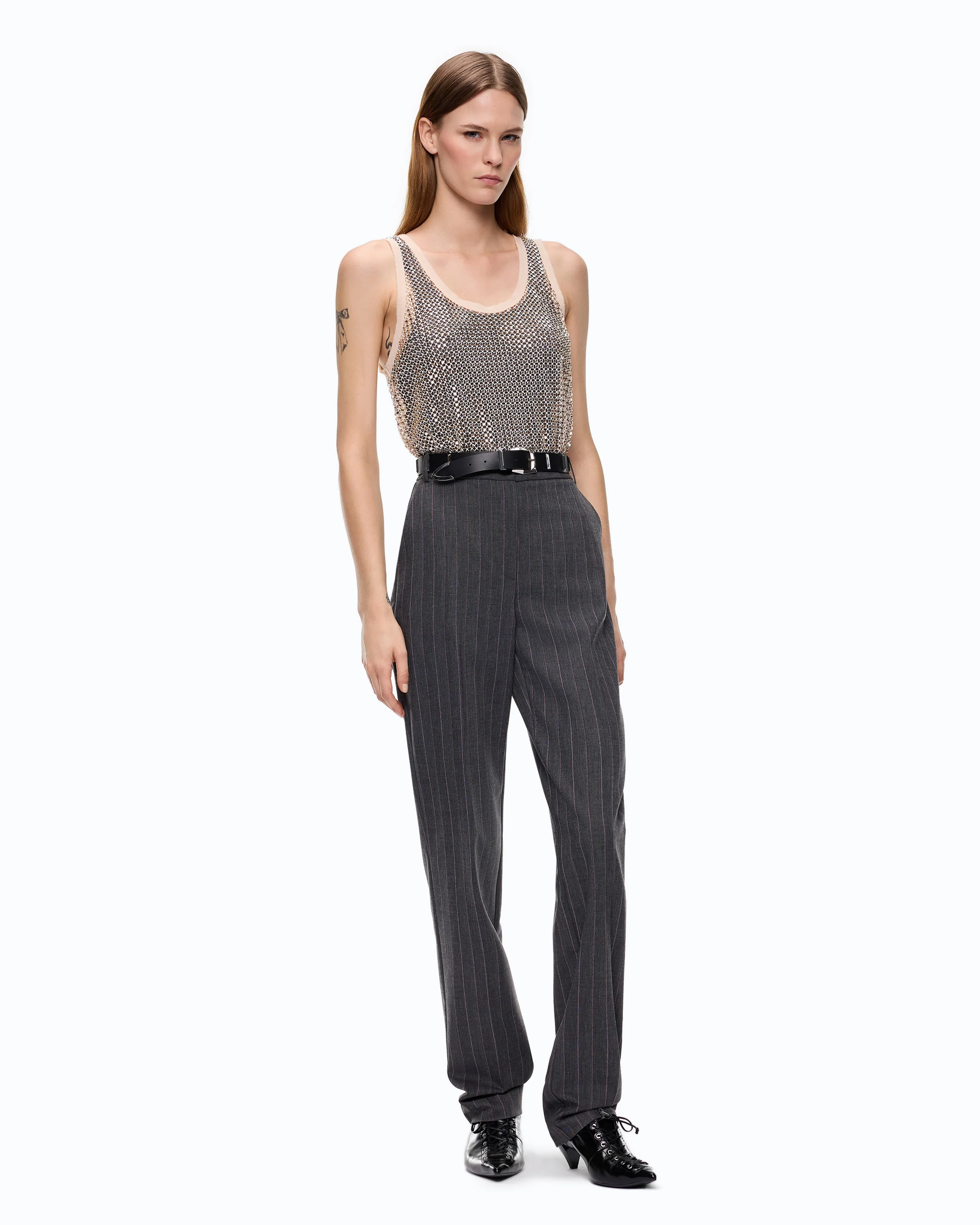 Pinstriped stretch wool-blend cigarette trousers