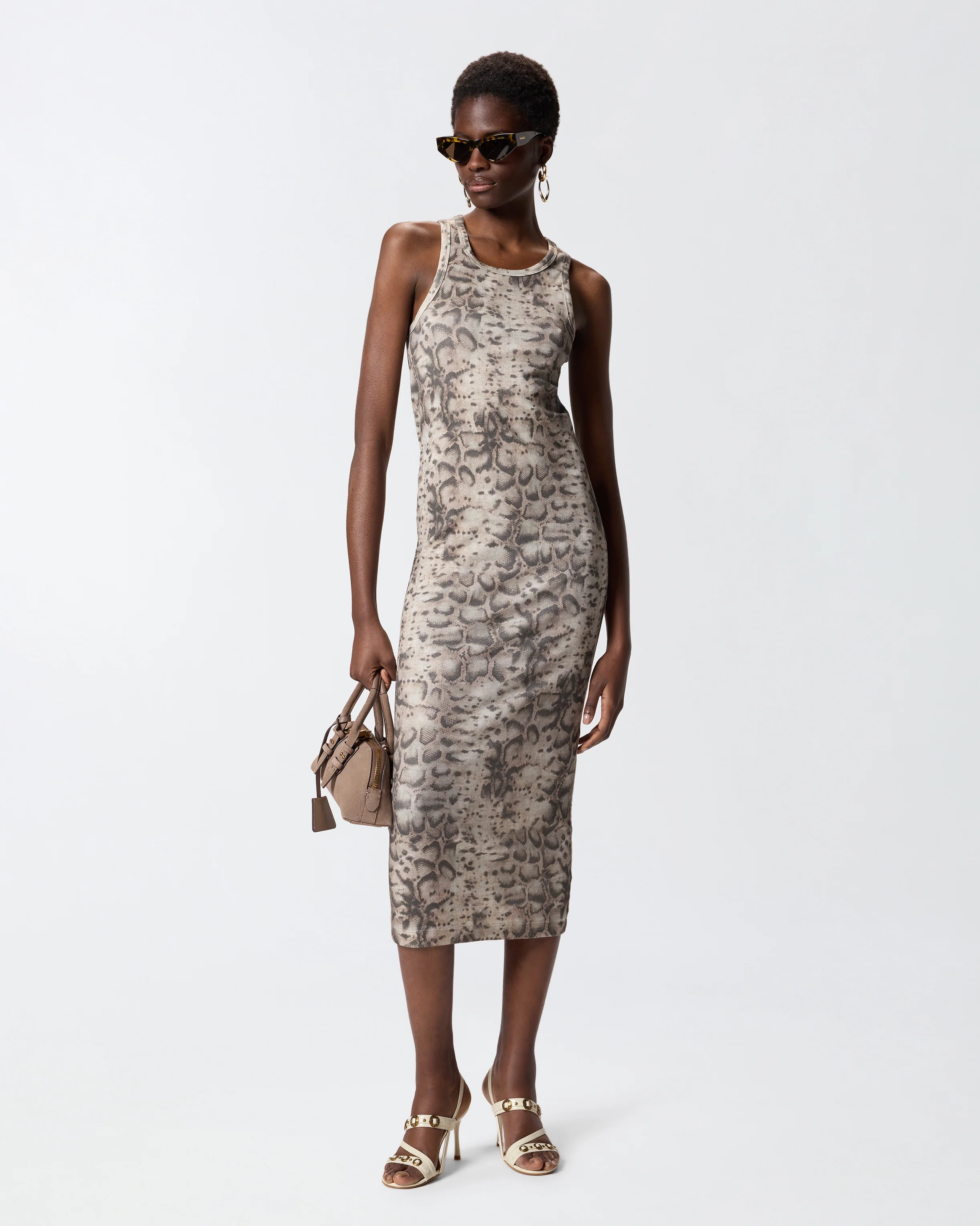 Ribbed slim-fit midi dress with snake print