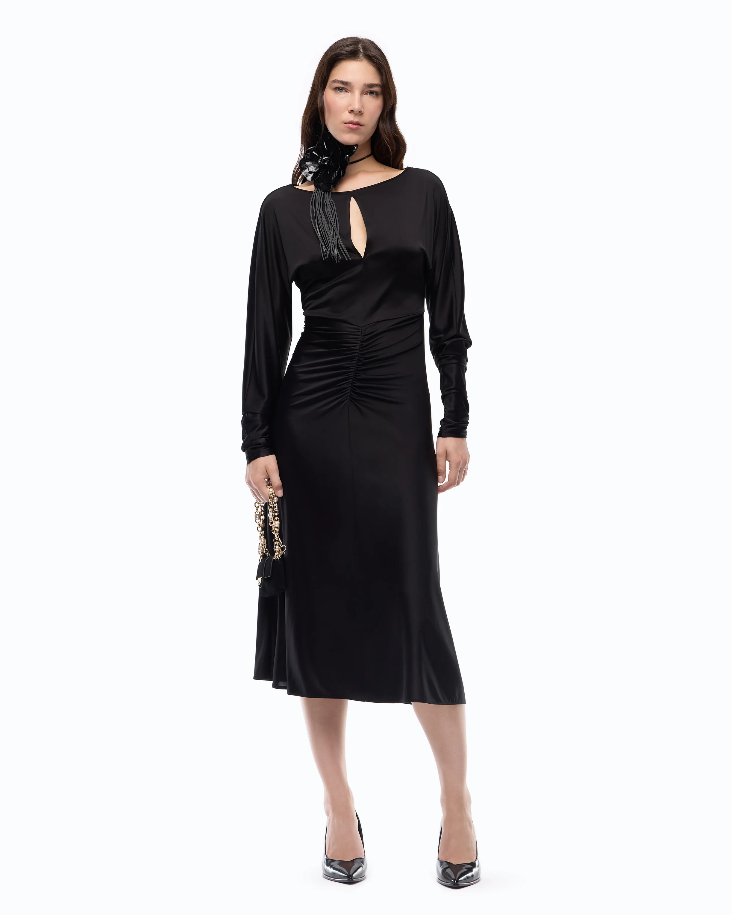 Satin-effect midi dress with gathering