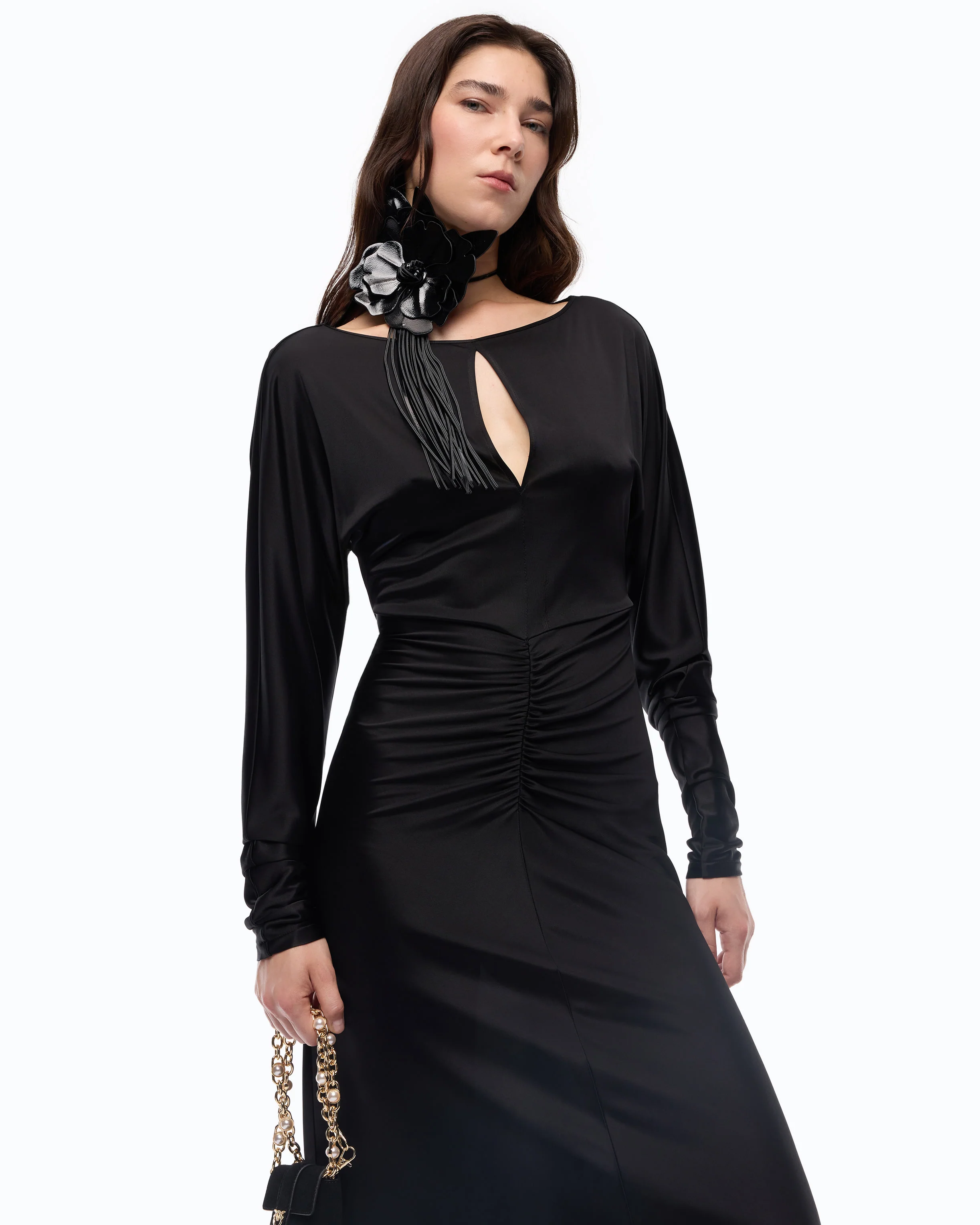 Satin-effect midi dress with gathering - Image 2