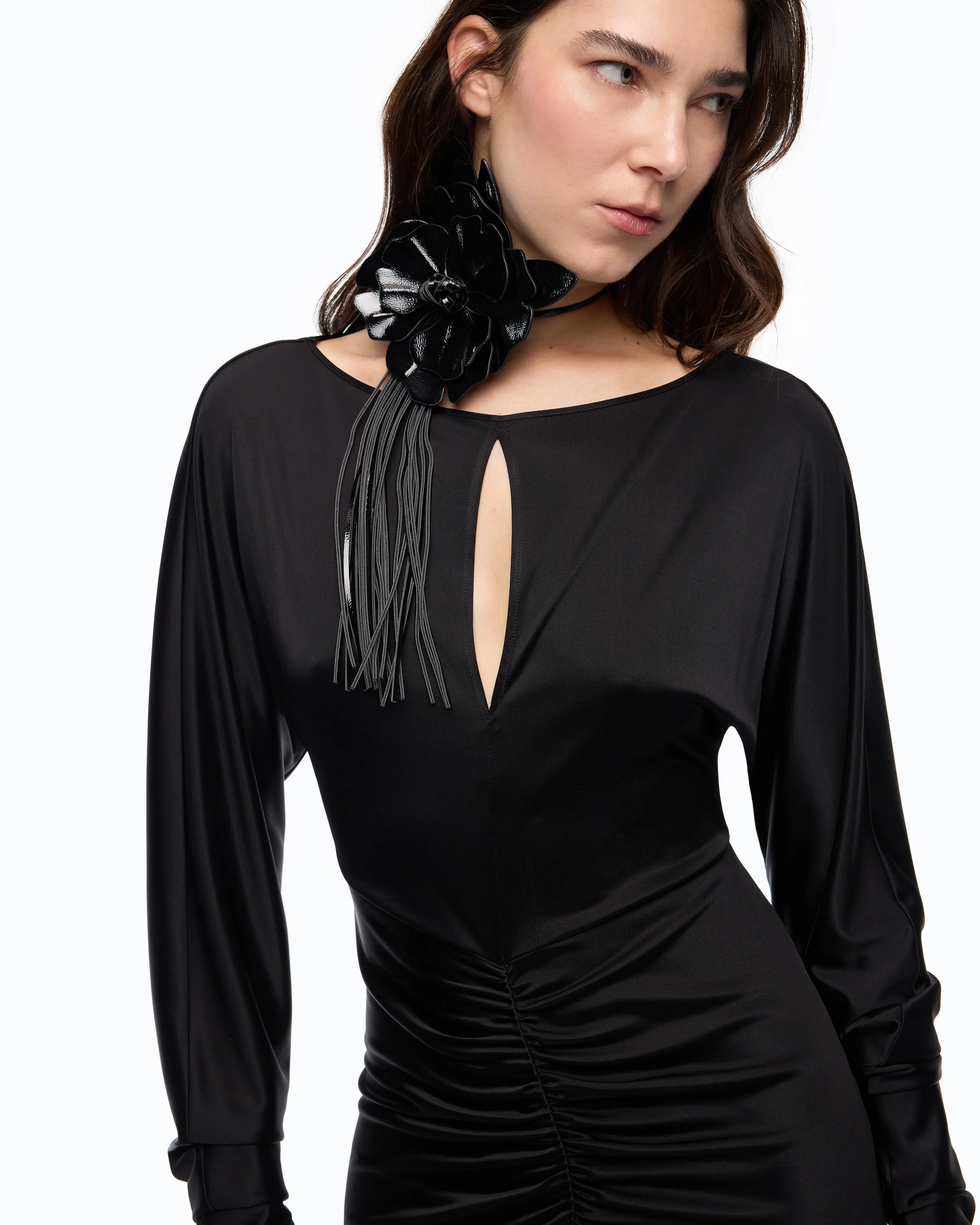 Satin-effect midi dress with gathering - Image 3