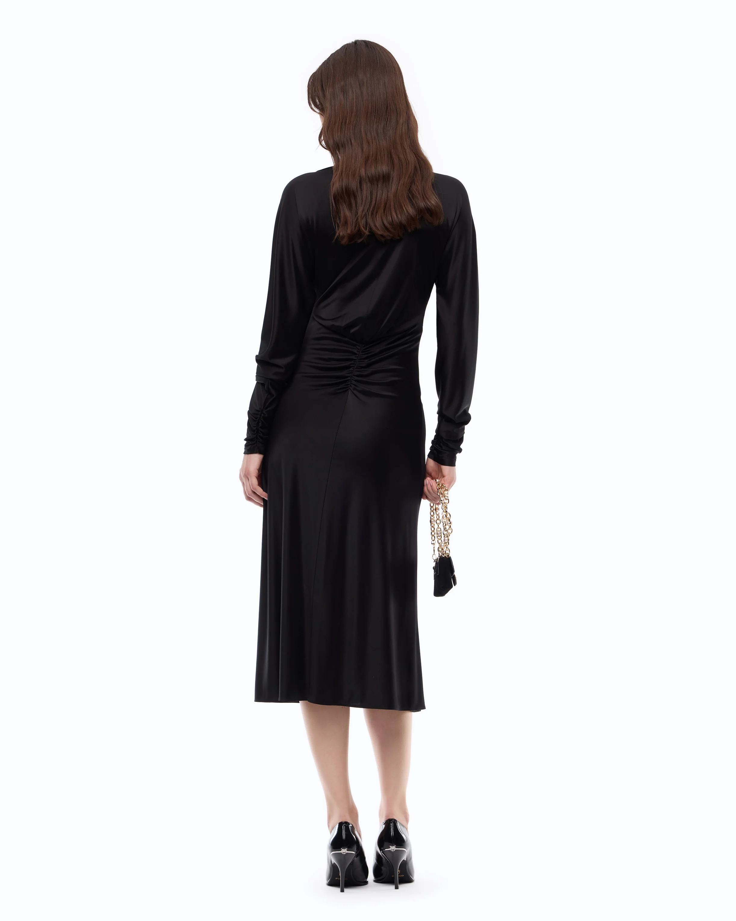 Satin-effect midi dress with gathering - Image 4
