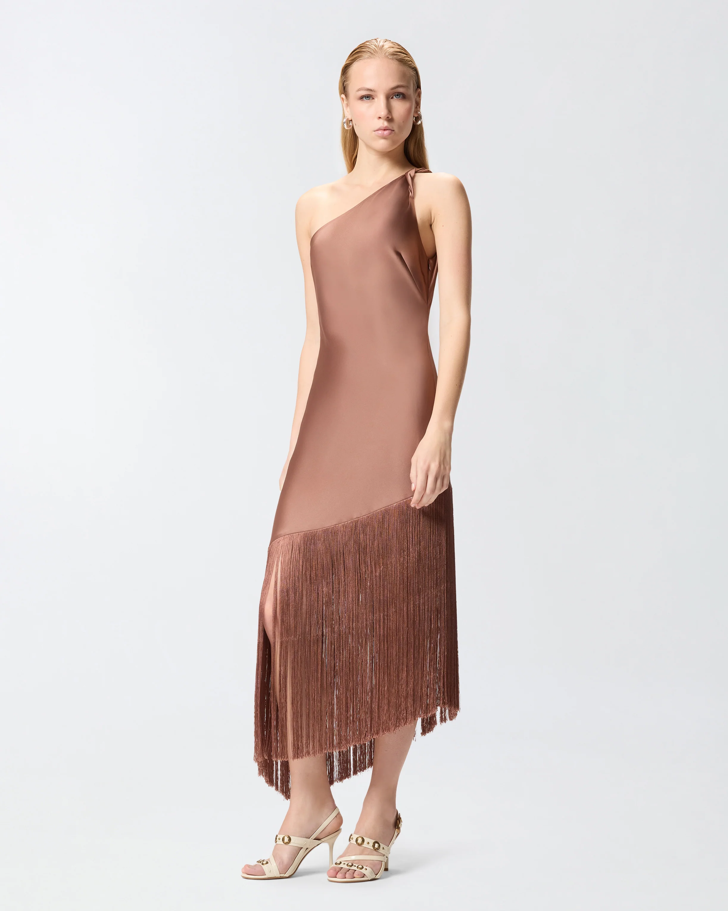 Satin one-shoulder mini dress with fringing - Image 2
