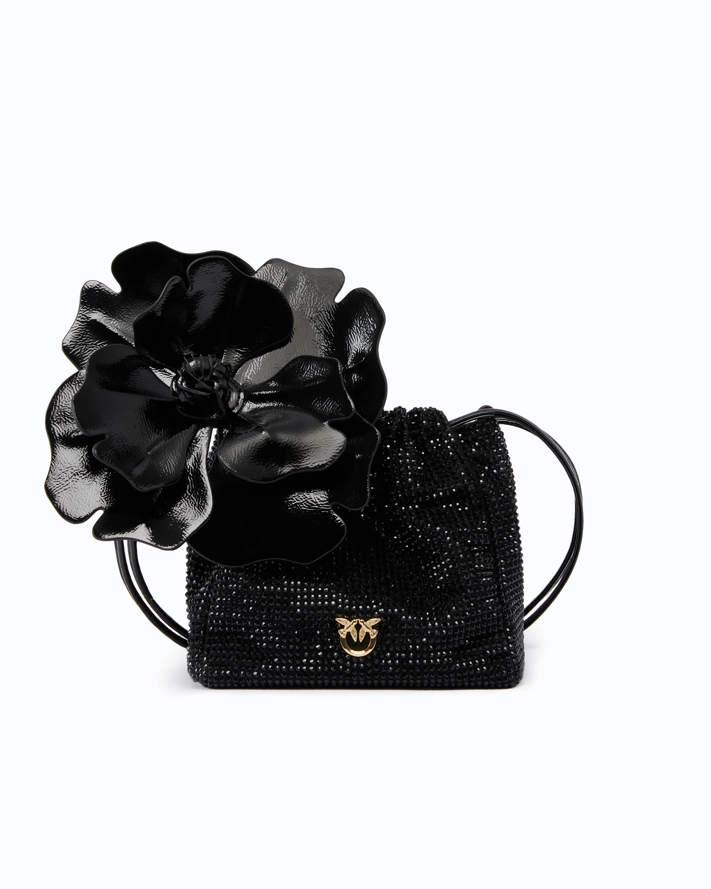 Shoulder bucket bag in fully rhinestone fabric with flower