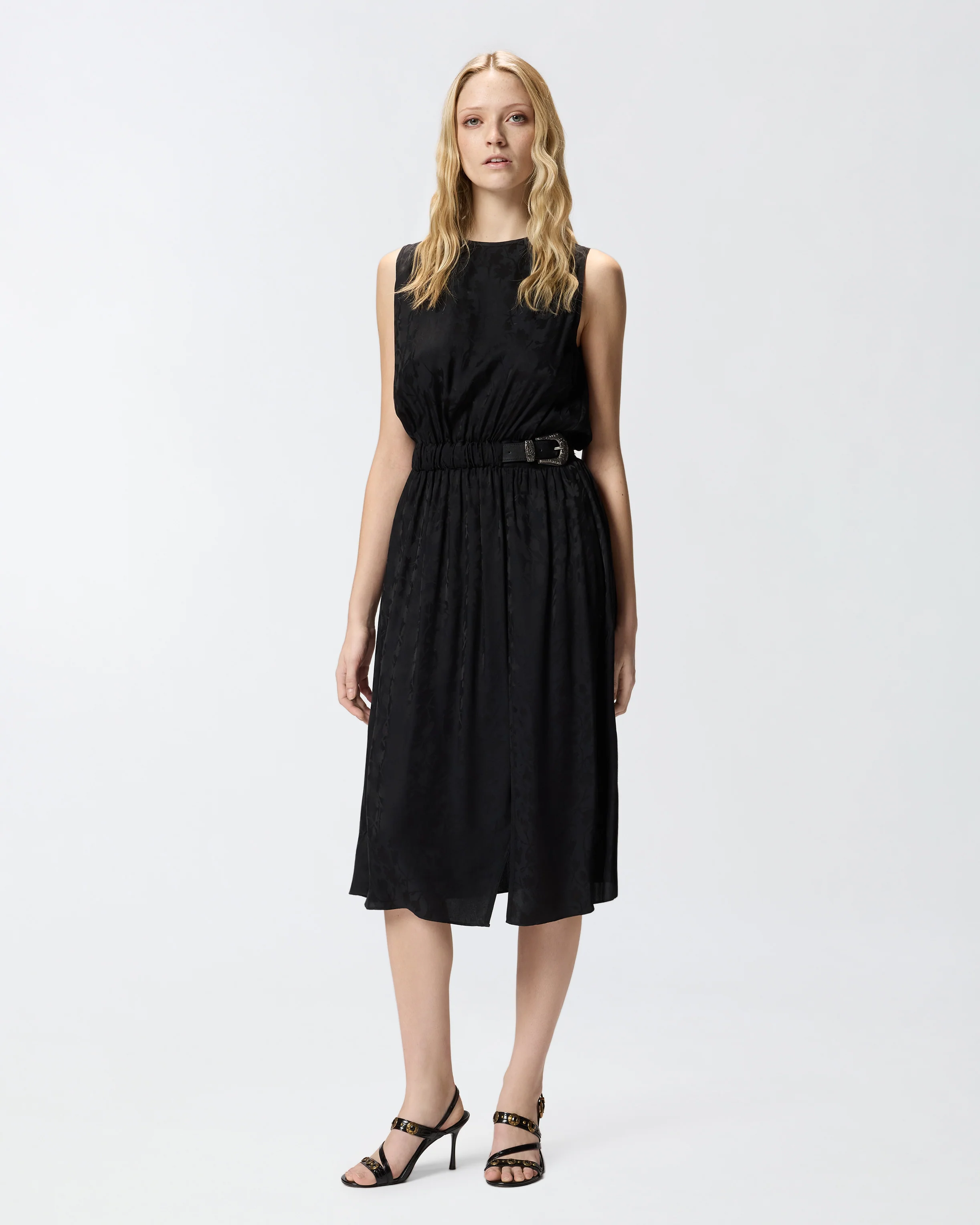 Sleeveless midi dress in floral jacquard with belt - Image 2