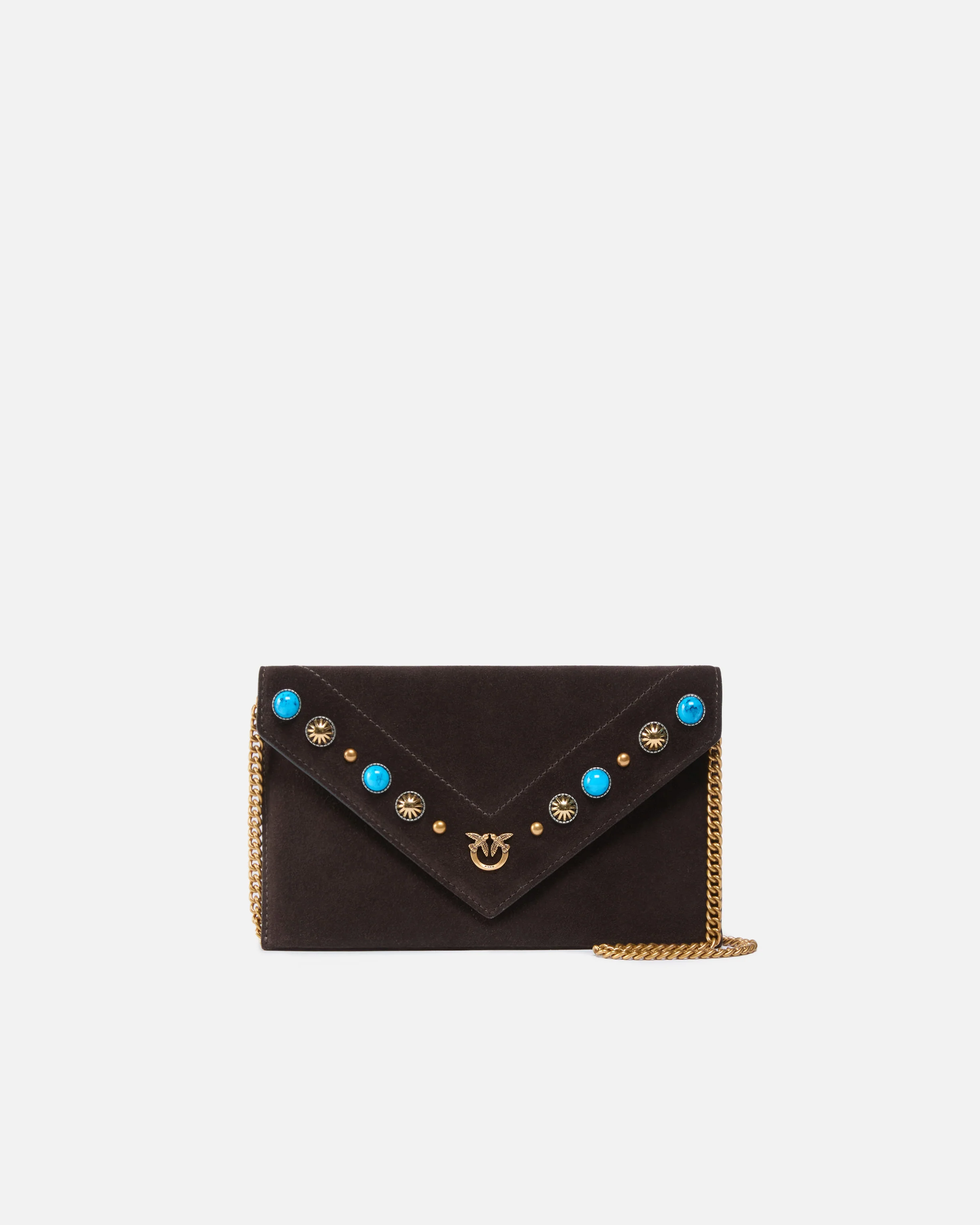 Small clutch bag in suede with studs and shoulder strap