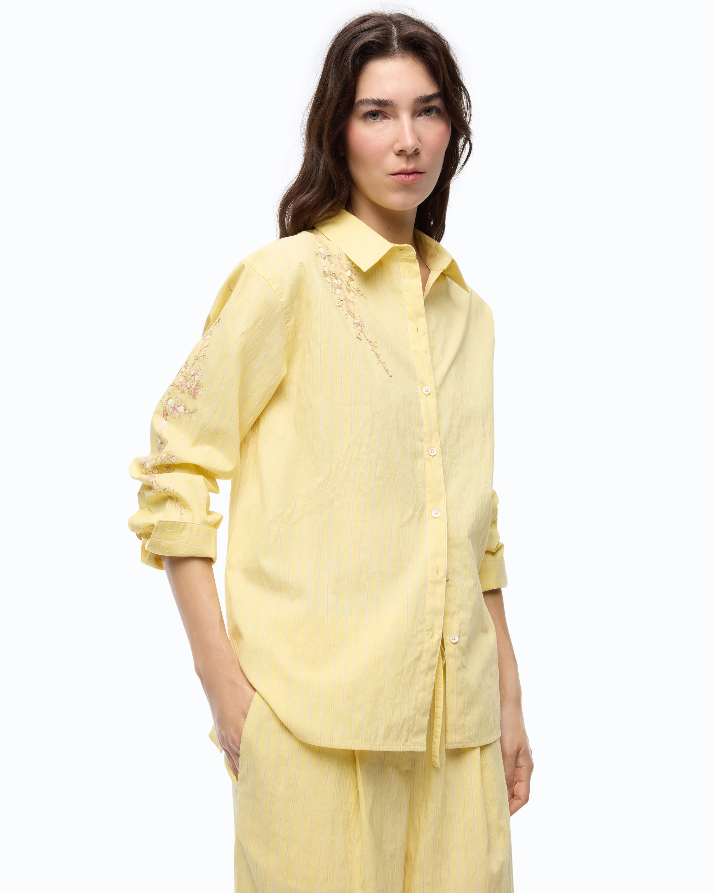 Striped shirt with floral embroidery