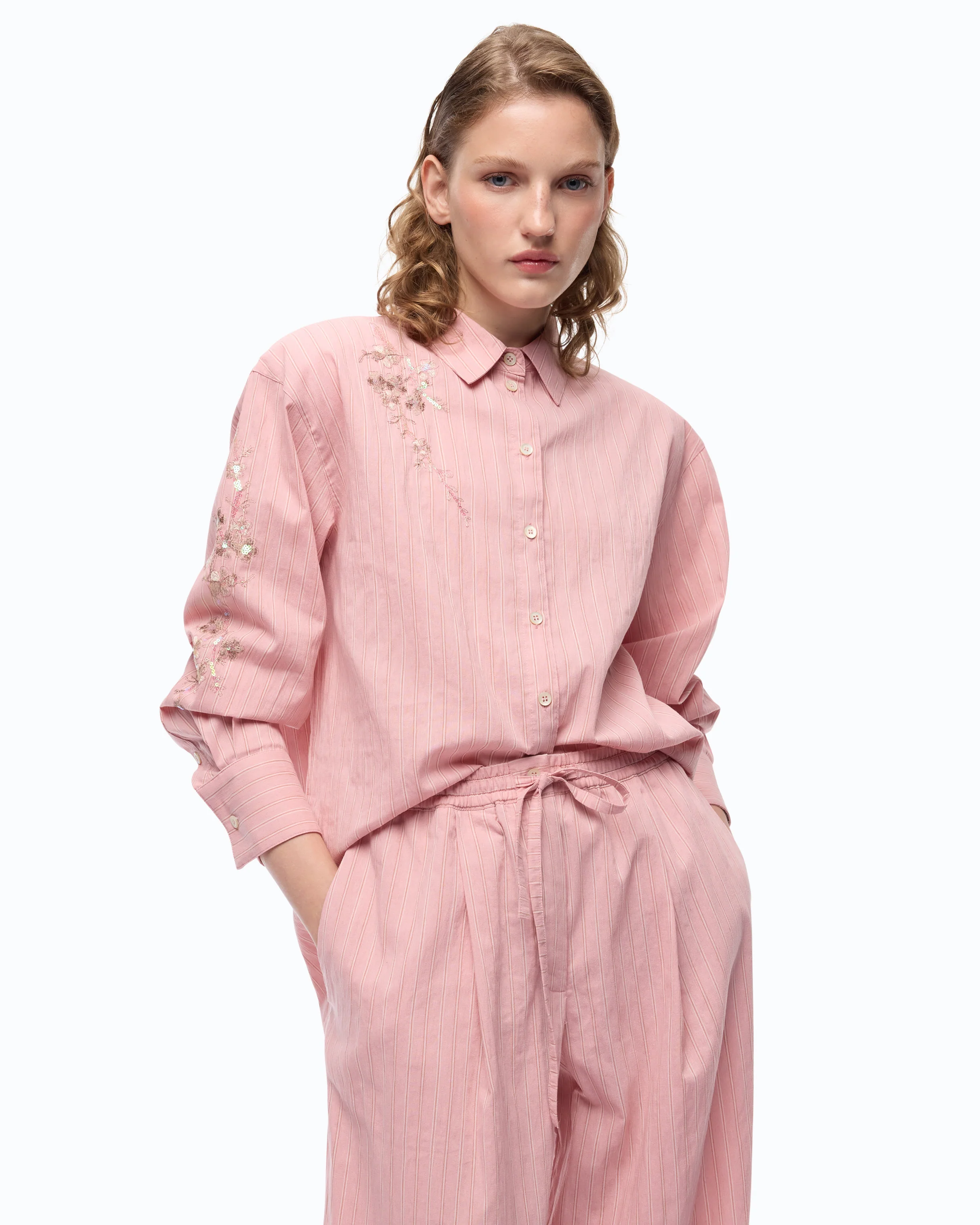 Striped shirt with floral embroidery
