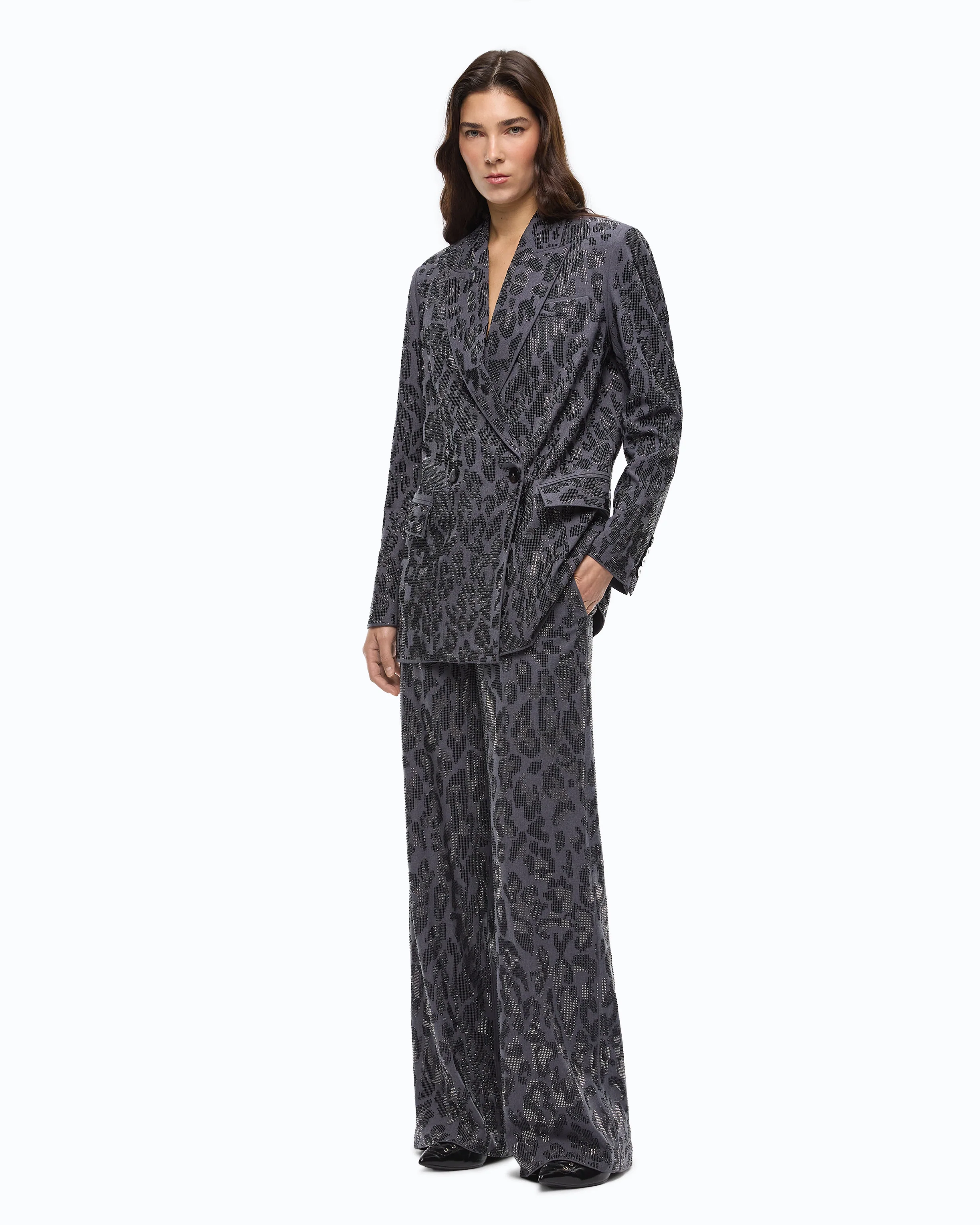Wide leg trousers with animal print and micro-strass