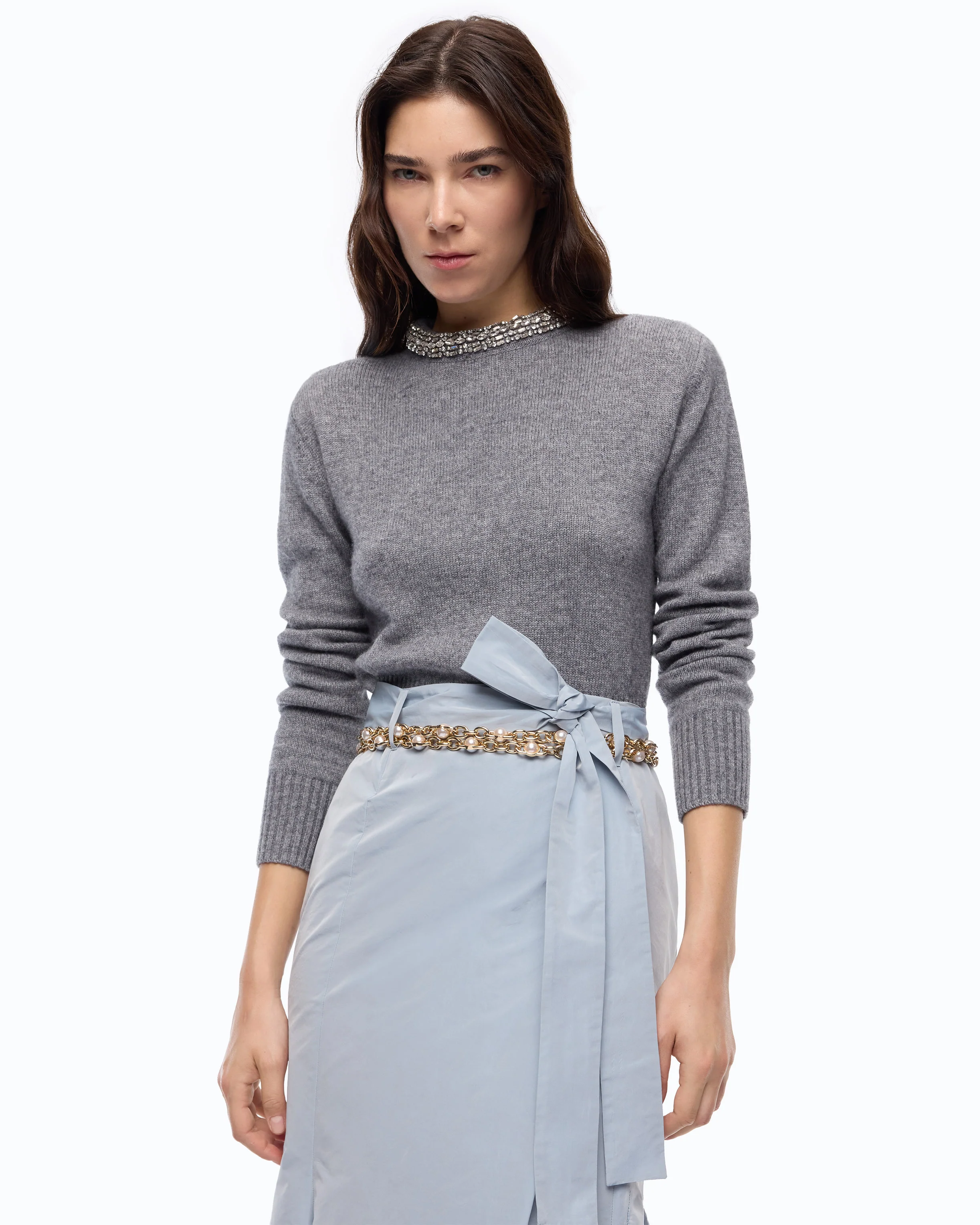 Wool-blend sweater with jewel collar