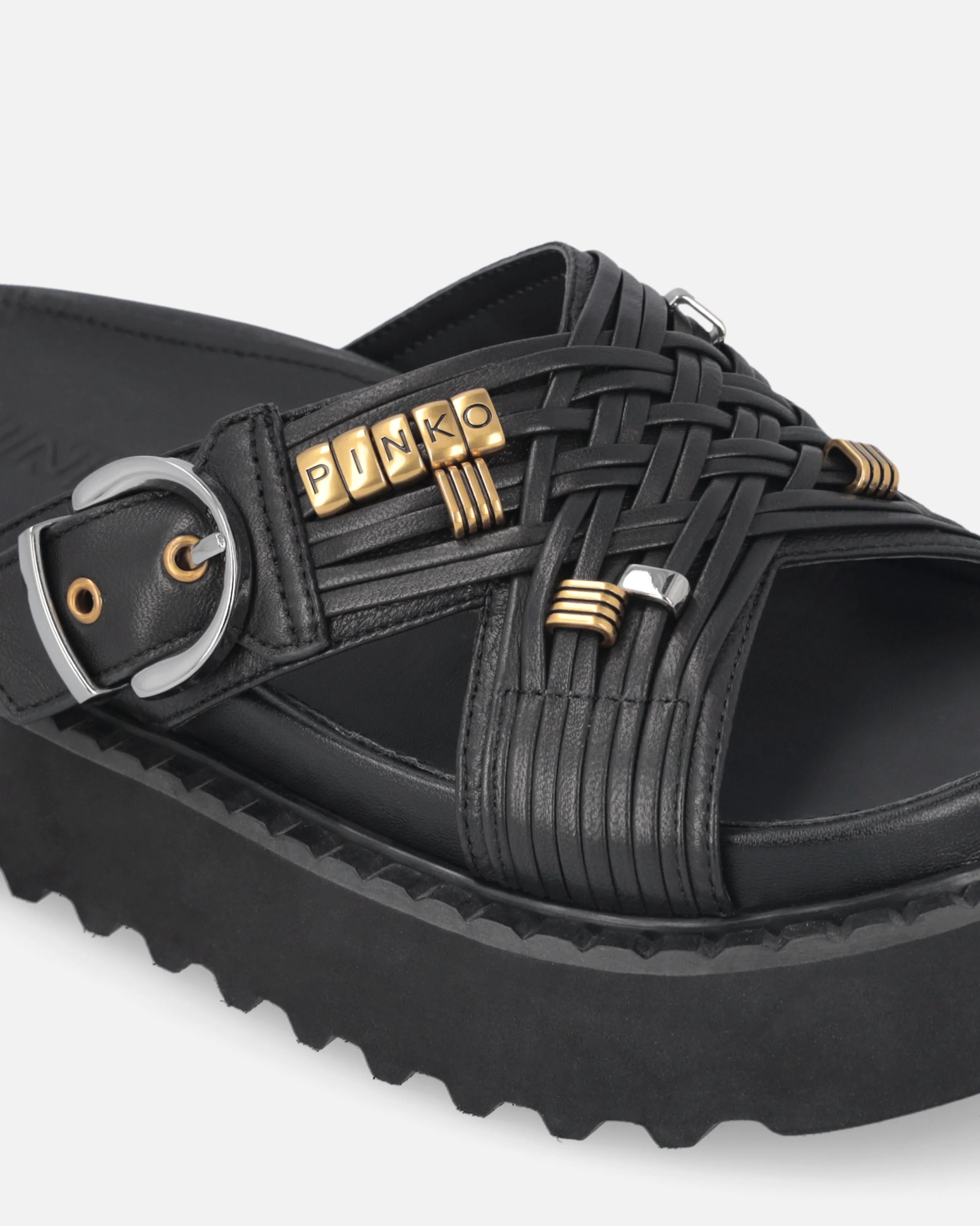 Woven nappa leather slip-on sandals with metallic rings - Image 4