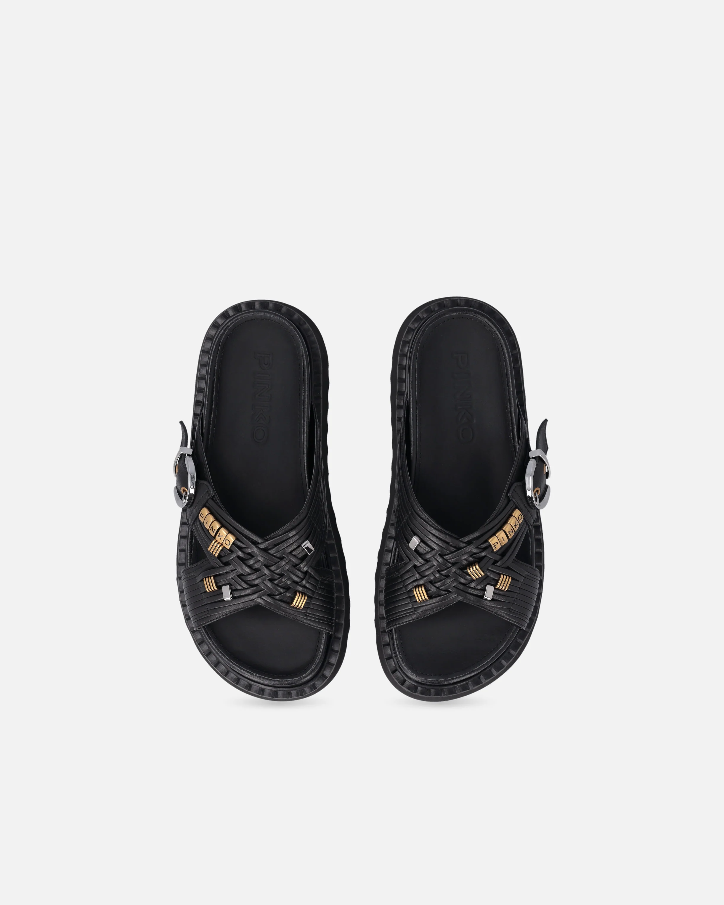 Woven nappa leather slip-on sandals with metallic rings - Image 9
